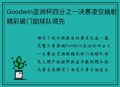 Goodwin亚洲杯四分之一决赛凌空抽射精彩破门助球队领先
